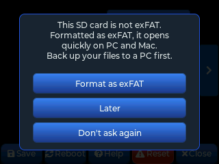 SD card format suggestion — Format as exFAT / Later / Don't ask again
