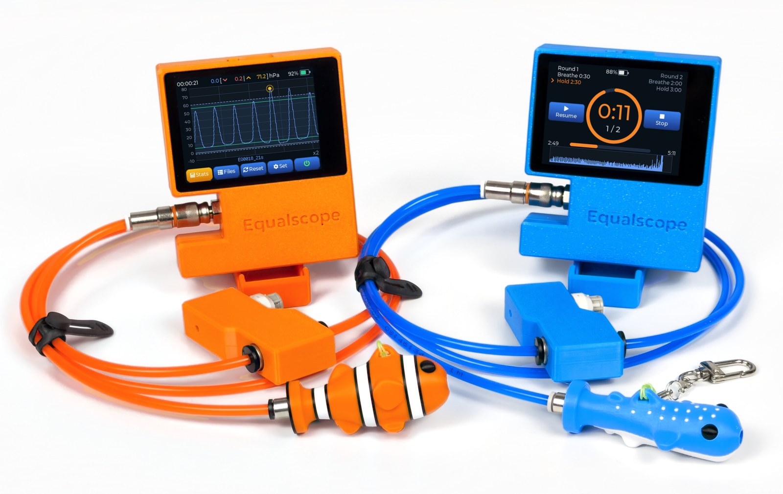 Equalscope orange and blue sets showing the equalization graph and a breathing-table session, with tube, pressure valve and Equalvent