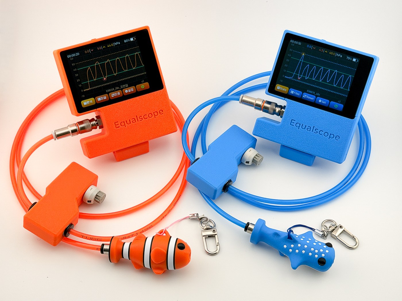 Equalscope 주황·파랑 세트 — 실시간 그래프 화면, 튜브, 압력조절 밸브, 이퀄벤트